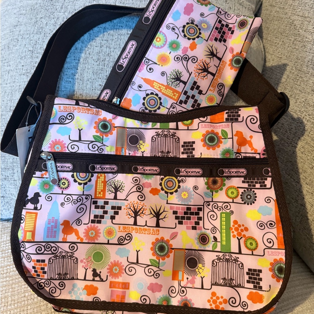 LeSportsac NWT Pink/Brown Poodle Park Hobo Shoulder/Crossbody With Matching Bag